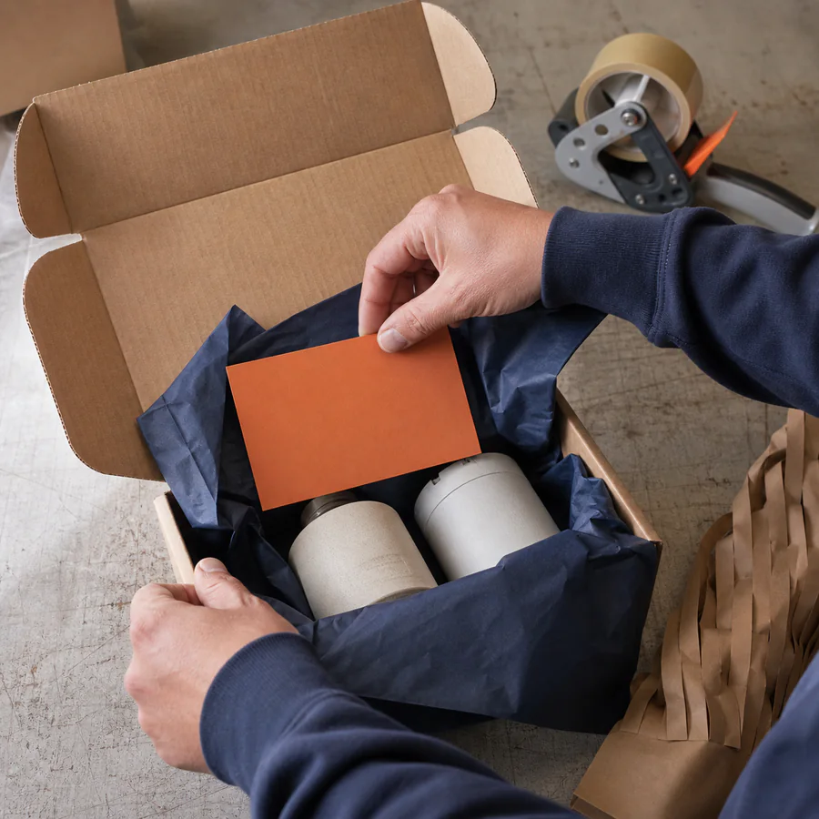 Close-up of an order being packed into a branded carton