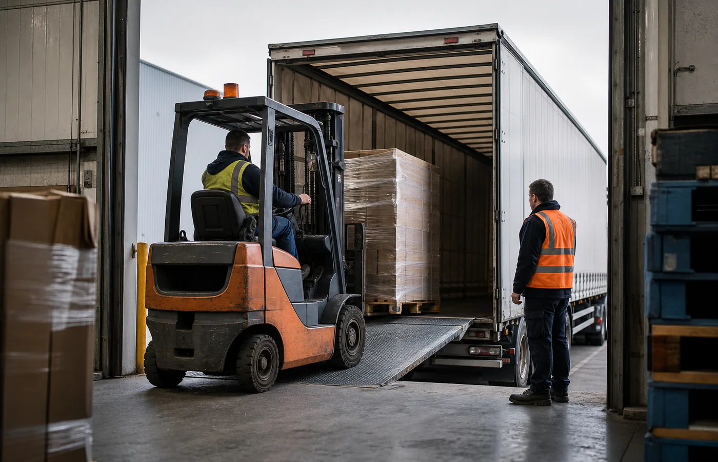 Freight being loaded into a curtain-side trailer at the loading dock