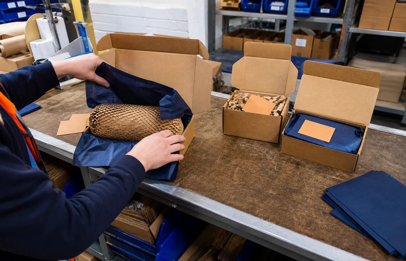 Branded cartons, tissue and inserts laid out on a packing bench