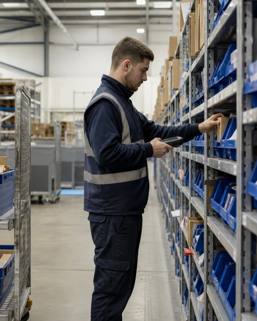 Packing bench with scanned orders being boxed for dispatch