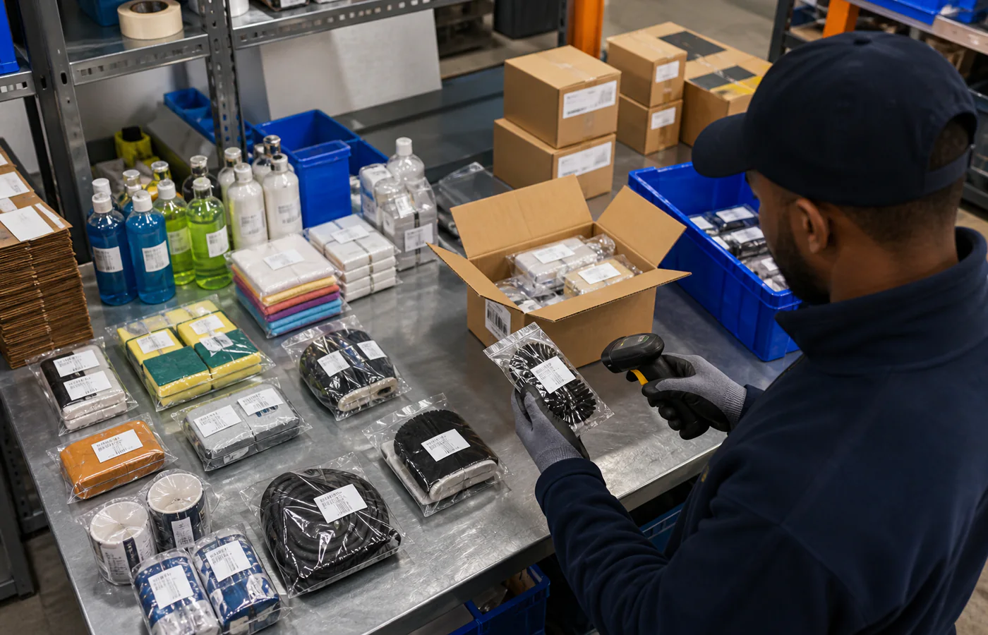 Polybagged and labelled stock prepared for marketplace intake