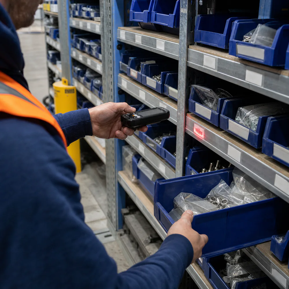 Operative scanning a barcode at a racked pick face