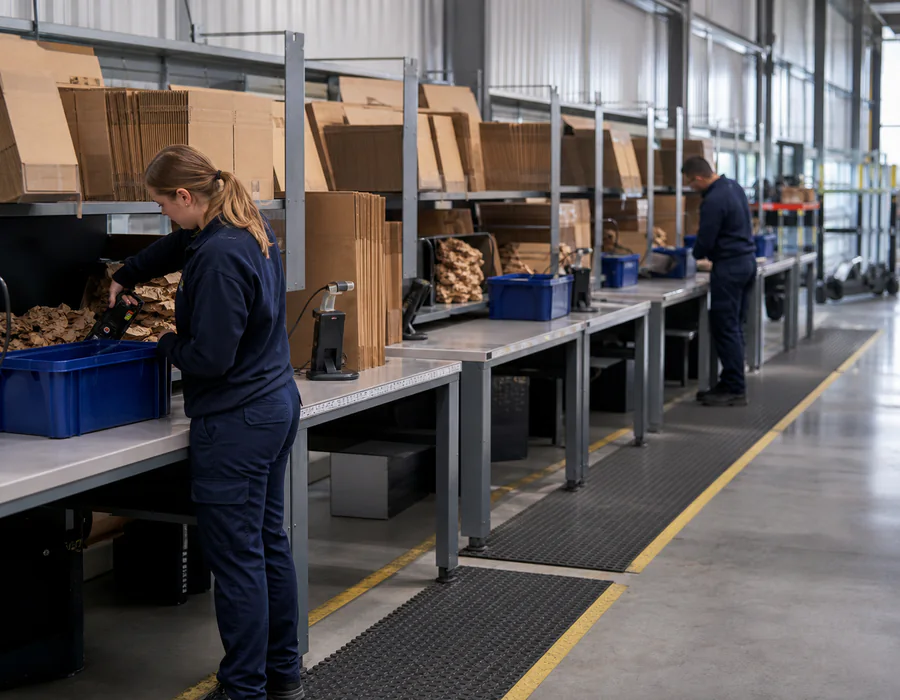 Packing benches set up for the day shift
