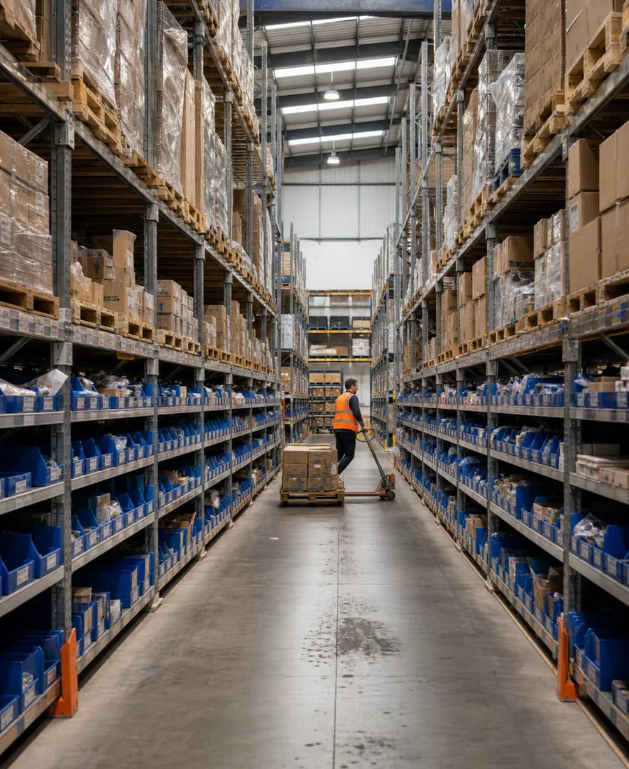 Racking aisle running the length of the warehouse
