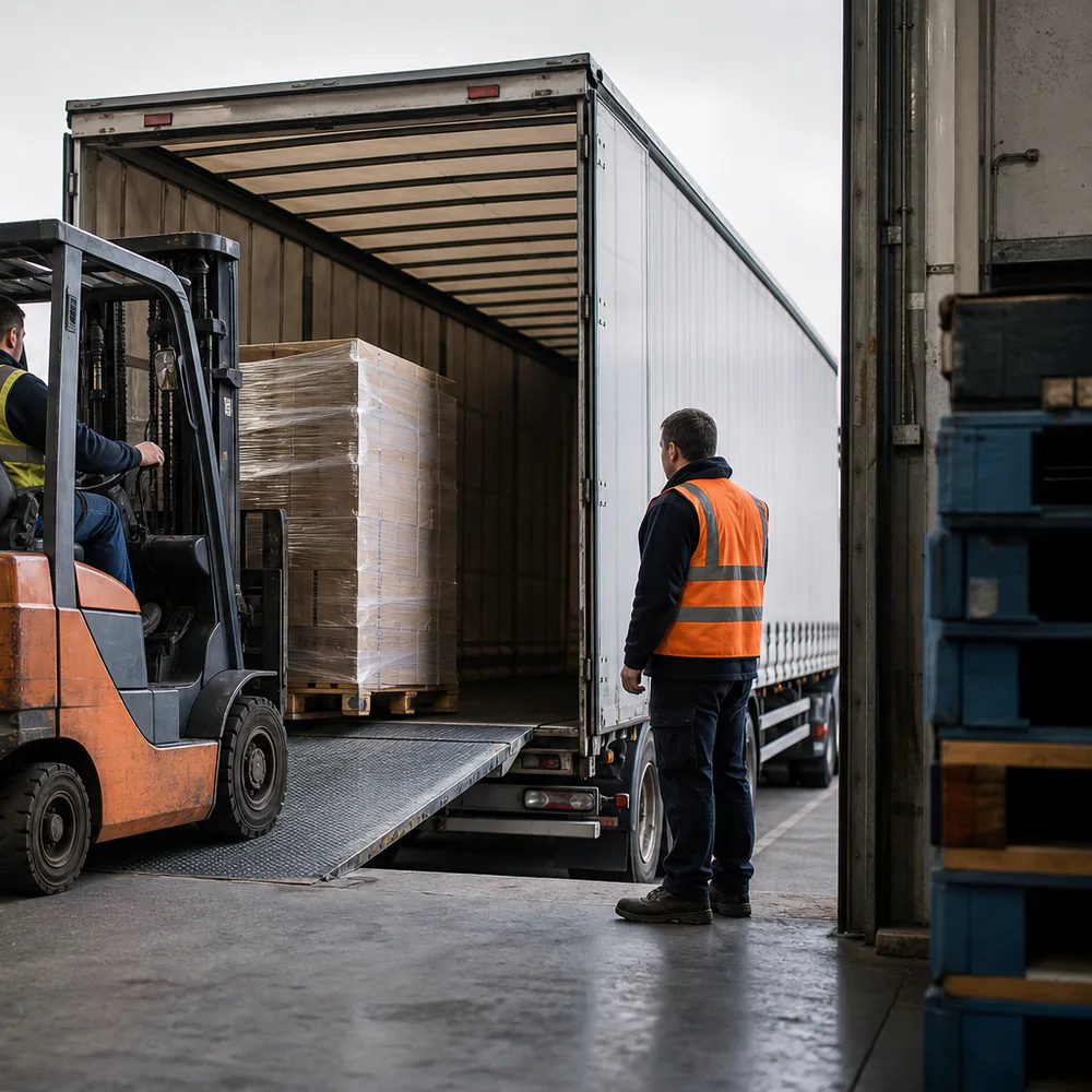Freight documentation being checked against a shipment at the dock office