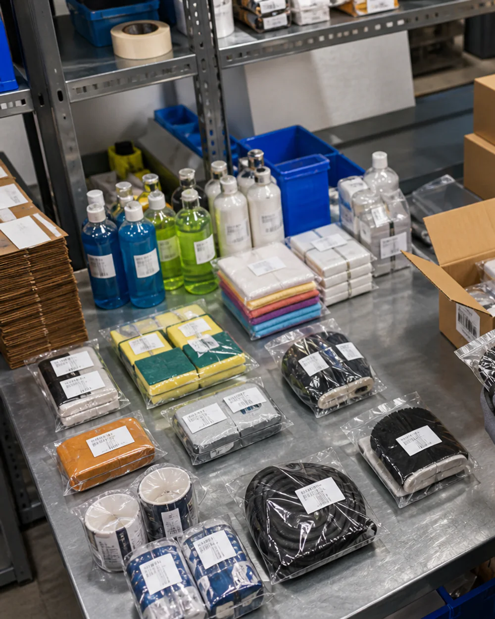 Operative applying FNSKU labels to polybagged units