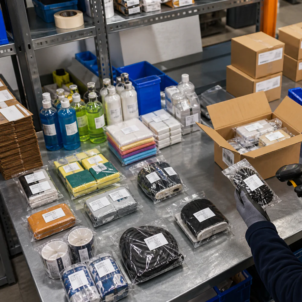 Prepped cartons labelled and staged for a shipment
