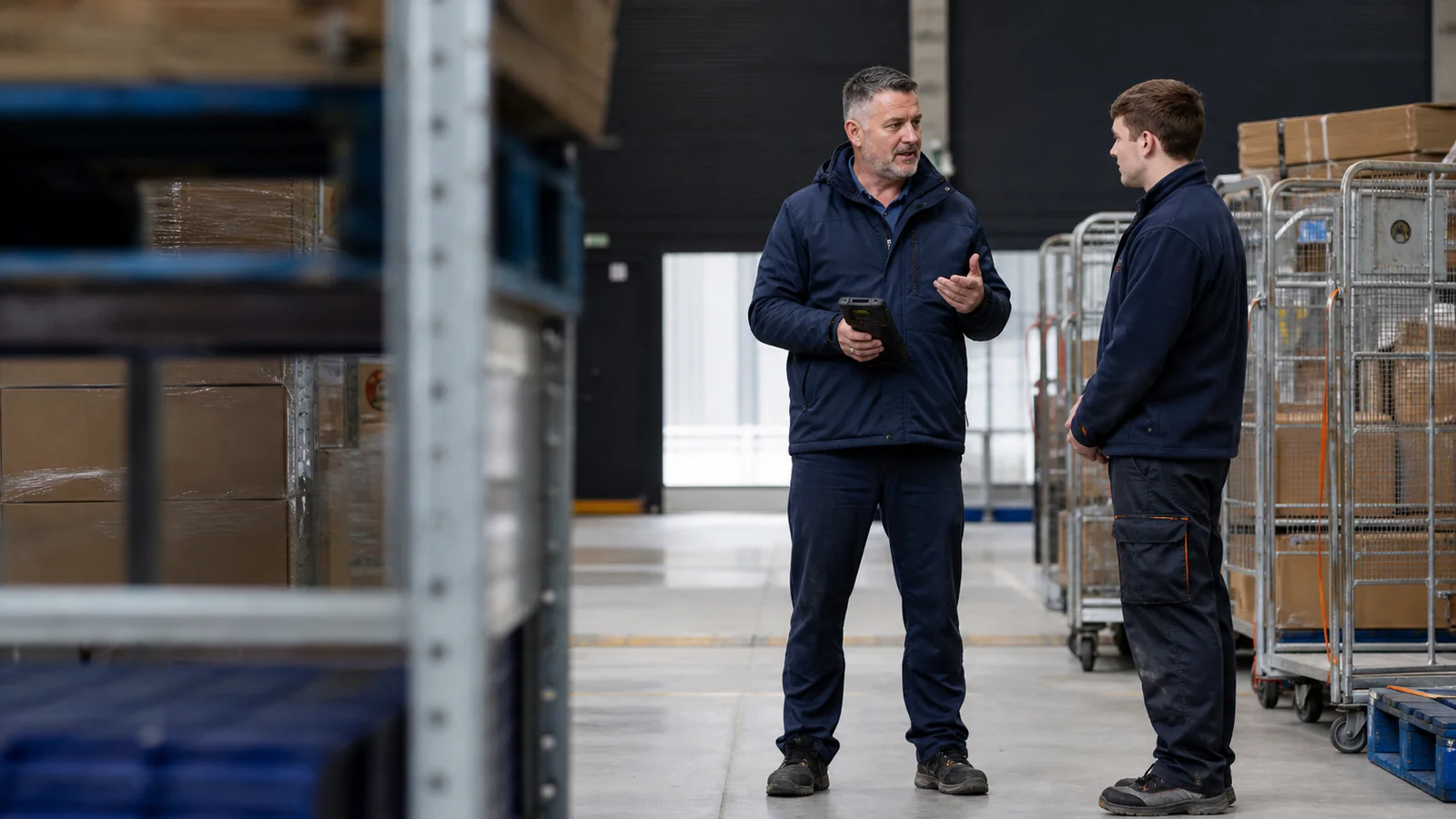 Supervisor reviewing dispatch performance on the warehouse floor